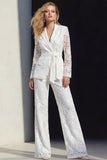 Notched Lapel White Burnout Women Suits with Belt