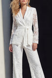 Notched Lapel White Burnout Women Suits with Belt