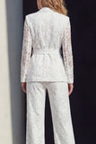 Notched Lapel White Burnout Women Suits with Belt