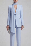 Shawl Lapel Blue 2 Piece Satin Single Buckle Women Suits