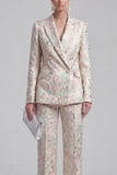 Grey Blue Peaked Lapel 2 Piece Brocade Women Suits