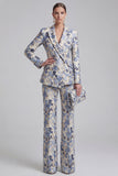 Grey Blue Peaked Lapel 2 Piece Brocade Women Suits