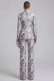 Grey Blue Peaked Lapel 2 Piece Brocade Women Suits