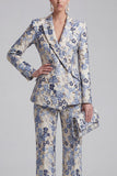 Grey Blue Peaked Lapel 2 Piece Brocade Women Suits