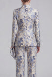 Grey Blue Peaked Lapel 2 Piece Brocade Women Suits