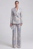 Grey Blue Peaked Lapel 2 Piece Brocade Women Suits