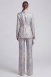 Grey Blue Peaked Lapel 2 Piece Brocade Women Suits