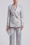 Grey Blue Peaked Lapel 2 Piece Brocade Women Suits