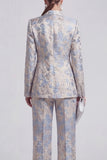 Grey Blue Peaked Lapel 2 Piece Brocade Women Suits