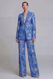Dark Blue Floral Notched Lapel Burnout Women Suits