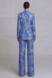 Dark Blue Floral Notched Lapel Burnout Women Suits