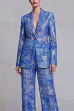Dark Blue Floral Notched Lapel Burnout Women Suits