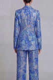 Dark Blue Floral Notched Lapel Burnout Women Suits