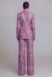 Dark Blue Floral Notched Lapel Burnout Women Suits