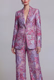 Dark Blue Floral Notched Lapel Burnout Women Suits