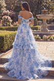 Off the Shoulder Blue Floral A Line Ruffled Prom Dress