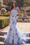 One Shoulder Blue Floral Mermaid Maxi Prom Dress