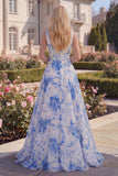 Boat Nack Blue Floral A Line Maxi Prom Dress
