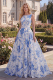 Boat Nack Blue Floral A Line Maxi Prom Dress
