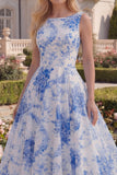 Boat Nack Blue Floral A Line Maxi Prom Dress