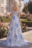 Blue Floral Off the Shoulder A Line Maxi Prom Dress