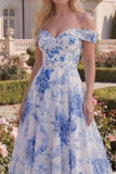 Blue Floral Off the Shoulder A Line Maxi Prom Dress