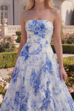 Strapless Ruffled Blue Floral A Line Maxi Prom Dress