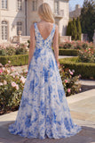 Blue Floral A Line V Neck Sleeveless Maxi Prom Dress