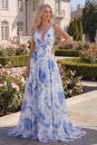 Blue Floral A Line V Neck Sleeveless Maxi Prom Dress