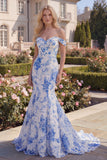Blue Floral Off the Shoulder Mermaid Maxi Prom Dress