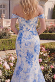 Blue Floral Off the Shoulder Mermaid Maxi Prom Dress