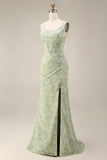Corset Mermaid Ruched Dusty Sage Maxi Prom Dress with Pearls