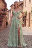 Off the Shoulder Ruched Dusty Sage A Line Prom Dress with Pearls
