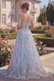 Blue Floral Off the Shoulder High Low Tulle Prom Dress