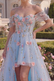 Blue Floral Off the Shoulder High Low Tulle Prom Dress