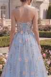 Strapless Floral Blue Corset A Line Tulle Prom Dress