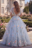 Floral Blue Appliqued Ball Gown Tulle Prom Dress