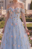 Off the Shoulder Floral Blue Corset High Low Prom Dress