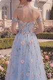 Off the Shoulder Floral Blue Corset High Low Prom Dress