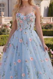 Floral Blue Corset A Line Appliqued Prom Dress