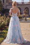 Cold Shoulder Floral Corset Blue A Line Prom Dress