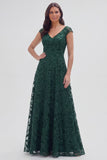 Dark Green Sequin A Line Cap Sleeve Maxi Mother of the Bride Dress
