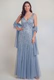 Grey Blue Appliqued A Line Sleeveless Mother of the Bride Dress