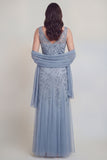 Grey Blue Appliqued A Line Sleeveless Mother of the Bride Dress