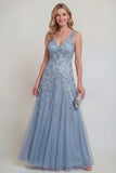 Grey Blue Appliqued A Line Sleeveless Mother of the Bride Dress