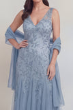 Grey Blue Appliqued A Line Sleeveless Mother of the Bride Dress