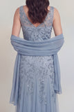 Grey Blue Appliqued A Line Sleeveless Mother of the Bride Dress