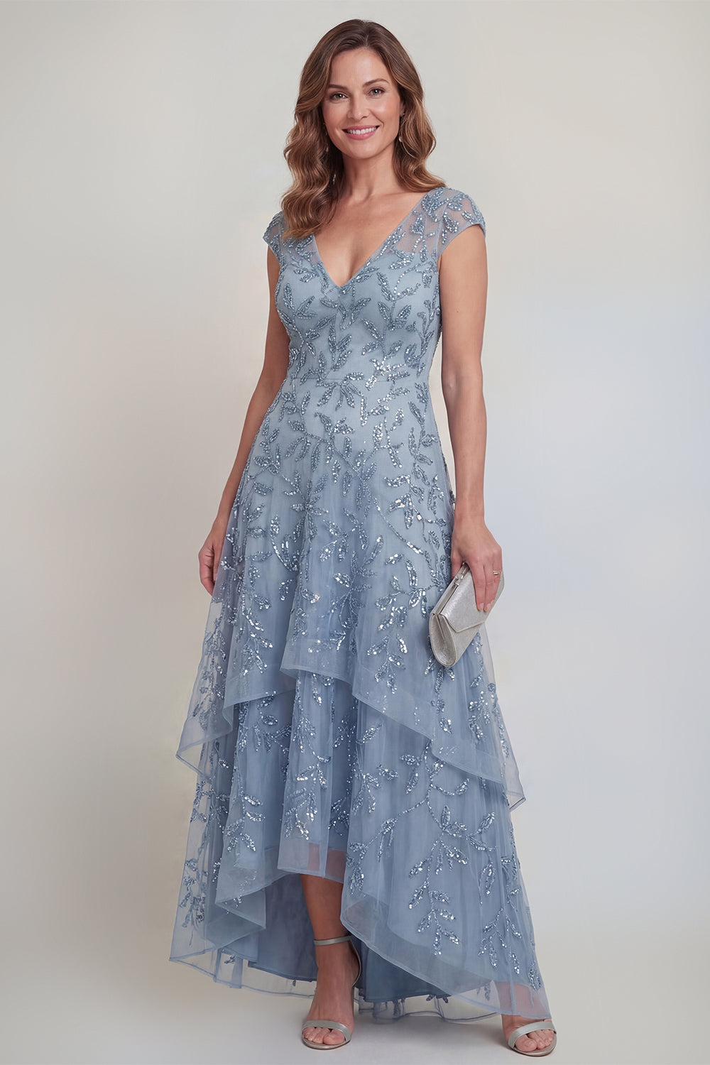 Berylove Women Grey Blue Sequin High Low Mother of the Bride Dress Grey Blue Ruffled Appliqued V Neck Wedding Guest Dress with Cap Sleeves