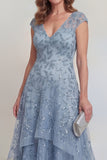 Sequin High Low Grey Blue Ruffled Mother of the Bride Dress