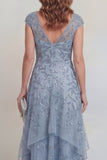 Sequin High Low Grey Blue Ruffled Mother of the Bride Dress